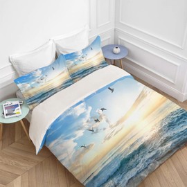 jamie world Beach Ocean Bedding Set Twin Full Queen King Size Coastal Bird Duvet Comforter Cover Sunrise Flower Cozy Quilt Cover Decorative Soft Bed Sets with 2 Pillowcases for Kids Adults