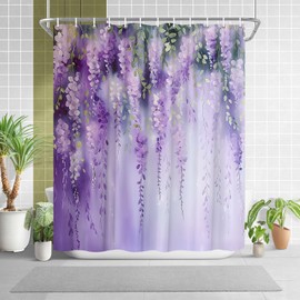 Purple Floral Lavender Flower Shower Curtain for Bathroom Spring Watercolor Weeping Wisteria Blossom Vine Leaves on Blurred Background 70x70 inches Polyester Fabric Bath Decorative Curtain