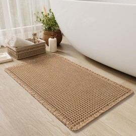 Upgraded Waffle Bath Mat Non Slip Super Absorbent Quick Dry Bath Mats for Bathroom Floor Machine Washable Bathroom Mat Ultra Soft Boho Bathroom Rugs with Tassels Beside Tub, 24" x 36", Brown