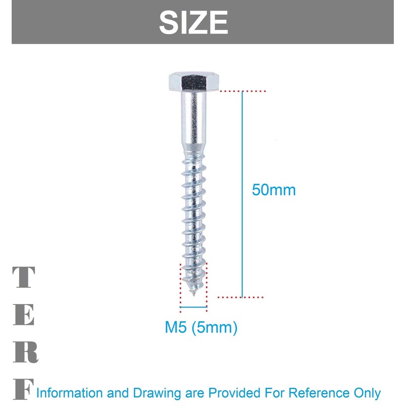 TERF® M5 X 50mm Coach Screws Hex Head Stainless Steel
