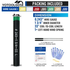 YoToolGDS Left Hand Wind（Black Cone）1.75" Garage Door Torsion Spring with Non-Slip Winding Bars & Gloves, Precision Electrophoresis Black Coated, for Replacement, MIN 16,000 Cycles (0.243x1.75''x33'')