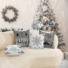 Miaikoe Grey Christmas Cushion Covers 50 x 50 cm Set of 4 Christmas Decorations Happy Holidays Holly Jolly Snowflake Merry Christmas Decor Throw Cushion Cover for Home Couch Sofa Decoration