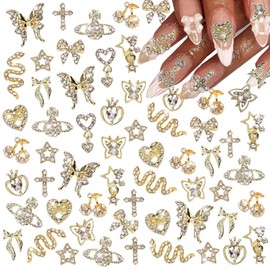 COOSLIM 30 Pcs 3D Y2K Nail Charms, Gold Cross Butterfly Star Cherry Heart Snake Nail Gems Charms, Bows Planet Nail Art Charms Rhinestones for Nail Art Design DIY Accessories B