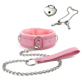 Leather choker Collar with Lock Adjustable Size for women (B1, Pink, Medium)