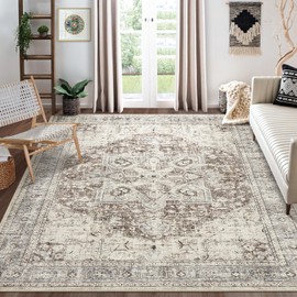 Area Rug Living Room Rugs - 8x10 Washable Boho Rug Vintage Oriental Distressed Farmhouse Large Thin Indoor Carpet for Living Room Bedroom Under Dining Table Home Office - Brown Blue