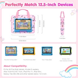 MoKo 10-12.5 Inch Children's Tablet Case for Fire HD 10 13th/11th Gen, Fire HD 8/7 Kids 2022, Tablet Carry Bag with Shoulder Strap for 10/10.1 Inch Android 12/13, Pink Unicorn
