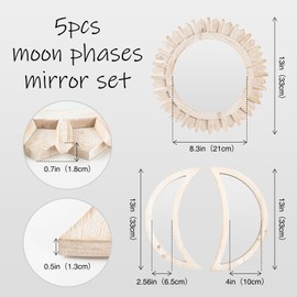 WAKOSAN Wall Mirror, Moon Phase Mirror Set, Wall Decor for Bedroom, Bohemian 5PCS Wooden and Real Glass Mirror with Crystal Clear Reflection, Boho Decor, Multi-Angle Installation (White)