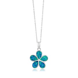 Gem Stone King 925 Sterling Silver Created Blue Opal Flower Pendant for Women with 18 Inch Silver Chain