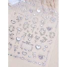5D Embossed Heart Nail Stickers Self-Adhesive Silver Bows Nail Art Stickers Pearl Star Love Nail Decals for Acrylic Nails Spring Valentines Nail Stickers for Women Girls DIY Manicure Nail Supplies