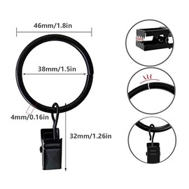 COSYLIFE Pack of 50 Curtain Rings with Clips, Curtain Rings with Clips, Curtain Rings with Clips for Curtains and Curtain Poles, 38 mm Inner Diameter (Black)