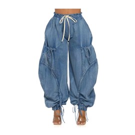 Women's Barrel Jeans Boyfriend High Waisted Baggy Jeans Bow Tie Cargo Sweatpants with Drawstring Streetwear Blue