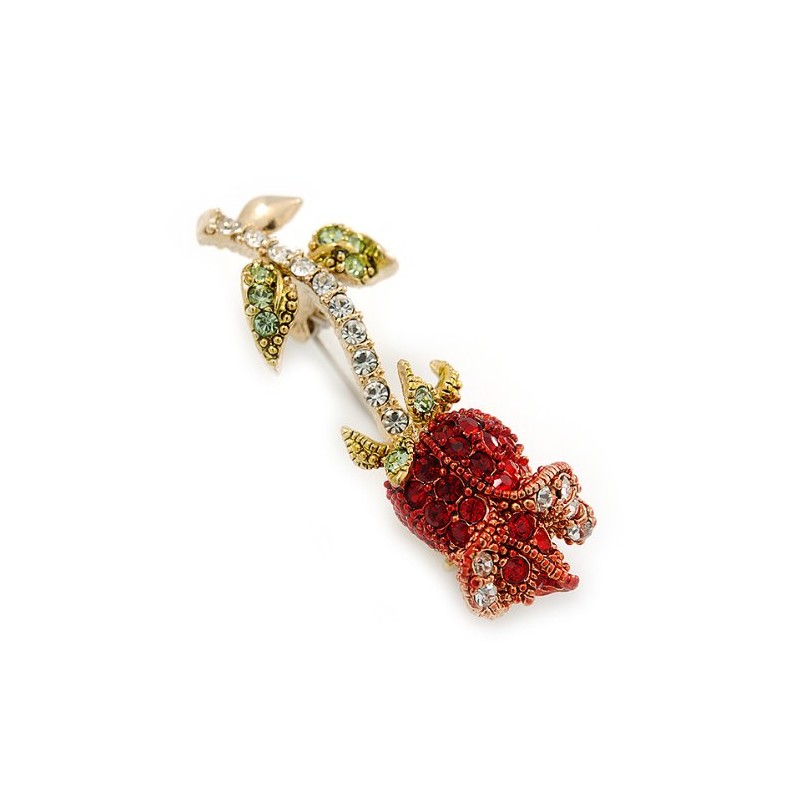 Small Red, Green Austrian Crystal 'Rose' Brooch In Gold Plating