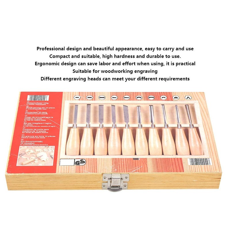 Carving Tools Set, 10Pcs with Wooden Handles in a Wooden