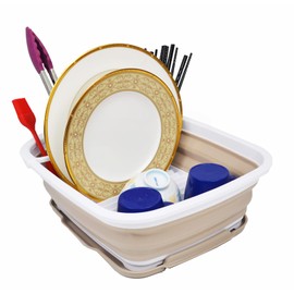 SAMMART 8L (2.1 gallons) Collapsible Plastic Dish Drainer with Drainer Board - Foldable Drying Rack Set - Portable Dinnerware Organizer - Pop Up Saving Kitchen Storage Tray (White/Latte)