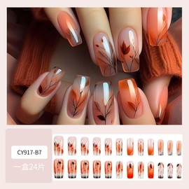 Medium Short Press on Nails Coffin Square Fake Nails Short with Gradient Maple Leaf Designs French Tip False Nails Short Square Full Cover Glue on Nails Glossy Acrylic Thick Stick on Nails for Women Girls 24Pcs CY917-B7