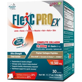 LABO Nutrition FlexC PRO EX con péptido de colágeno tipo I, II y III, sílice soluble en agua orgánica y curcumina C3 reducto, para articulaciones, huesos, músculos, uñas, salud de la piel, sin sabor, sin aditivos