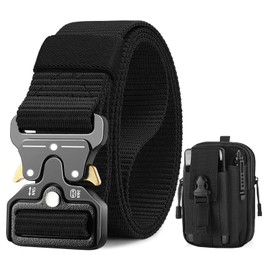 BESTKEE Tactical Belt, 1.5" Military Work Belt, Heavy Duty Nylon Black Belt with Quick Release Metal Buckle, Gift with Tactical Molle Pouch and Hook for Outdoor Hunting, A-Black