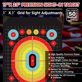 Sight-in Shooting Targets Paper - 17x25 inch Color 50/Pack 140gsm, Low-Glare, No-Fold, Boxed, 1x1 inch Grid & Multi-Zone Bullseye for Rifle, Pistol, Airsoft Scope Sighting - Indoor/Outdoor Range