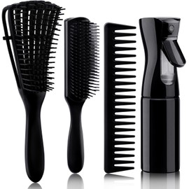 4pcs Curly Hair Brush Set for Adult & Kids Wet or Dry Hair, Detangling Brush for 3/4ABC Hair with Hair Detangler Brush Spray Bottle Wide Tooth comb (3+1, Black)