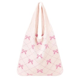 Beach Bags for Women, Crochet Mesh Beach Tote Bag, Boho Women's Knitted Handbags Hollow Woven Shoulder Bags, Summer Holiday Essentials Travel Bag, Reusable Shopping Grocery Bag for Daily Work (Pink)