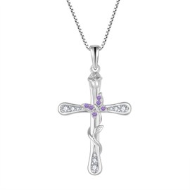 CARICY Cross Necklace for Women 925 Sterling Silver Butterfly Jewelry February Amethyst Birthstone Pendant Necklace for Mother's Day or Birthday