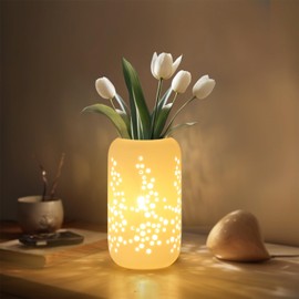 Salburyao Modern White Ceramic Vase Table Lamp for Dried,Artificial Flowers,is a Unique Birthday Gift for Women,Mother,Friends,for Bedroom,Living Room,Office,and Dining Room