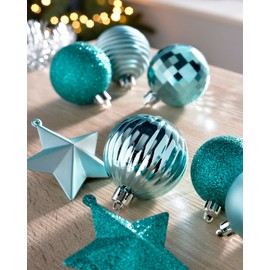 WeRChristmas Shatterproof Baubles Decoration Pack with Tree Topper and Garland - 42-Piece, Turquoise Blue