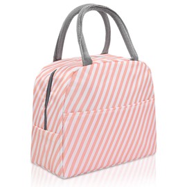Insulated Lunch Tote Bag Cute Lunch Bag for Women work Lunch Box Cooler Bag Insulated Lunch Bags with Front Pocket, Pink Stripe