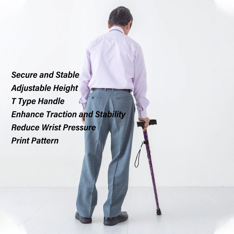 Folding Walking Cane T Handle Adjustable Height Print Folding Cane