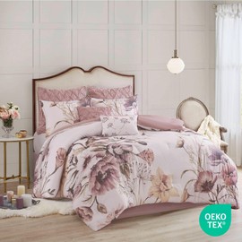 Madison Park Floral California King Comforter Set, Cotton Rich Bedding Set Feminine Design Shabby Chic Cal King Size Comforter Sets, All Season Bed Cover, Shams, Bed Skirt, Décor Pillow, Blush 8 Piece