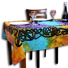 Sweet Us Celtic Print Tablecloth for Square Tables 72x72 Blue Green Turquoise Purple Orange Tree of Life Cotton Fabric Kitchen, Dining Linen
