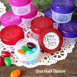 DecoJars 12 Clear Jars Purple Pink Red Caps Small Plastic Containers 1Tbl .5 oz #3803 USA