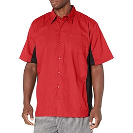 Chef Code Men's Utility Work Shirt with Button Front and Vent Side Panels, Red/Black, Large