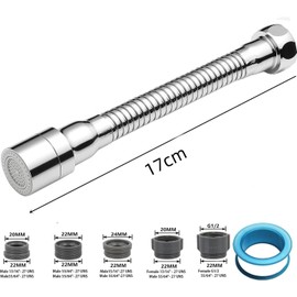 Flexible Tap Extension, Tap Attachment with 2 Modes, Water Tap Attachment Swivelling 360 Degrees, Aerators for Taps, Water Saver for Tap (2 Modes, 17 cm)