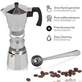 Milu Espressokocher (No Induktion) | 2, 3, 6, 9 Tassen | Aluminium Mokkakanne, Espressokanne, Espresso Maker Set inkl. Untersetzer, Löffel, Bürste (Aluminium, 9 Tassen (400ml)