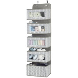 Over the Door Hanging Organizer with 5 Large Pockets - Wall Mount Pantry Storage with Clear PVC Window & 2 Big Metal Hooks for Closet,Bathroom,Nursery,Bedroom,Dorm,Baby Diapers,Kids Toys (Gray)