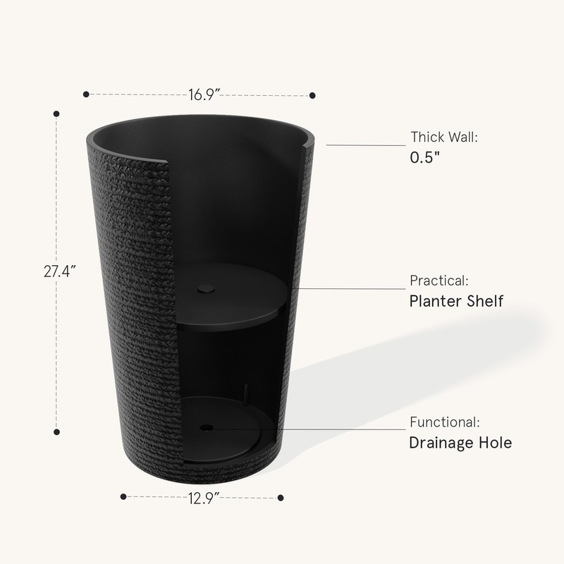 La Jolie Maison Tall Round Planter, Large Tall Black Planter