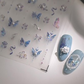 Butterfly Nail Stickers Decals 5D Embossed Flower Bow Nail Art Stickers Blue Aurora Nails Designs Adhesive Nail Decals Pearl Nail Art Decals Accessories for Women Girls DIY Nails Decorations