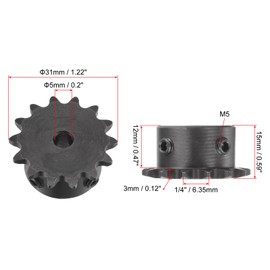 sourcing map #25 Chain Roll Gear 5 mm Bore 1/4 Inch Distance 14 Tooth Single Beach Chain Sprocket C45 Carbon Steel 25 Roll Chain Sprocket with Set Screws for ISO 04C Chain Pack of 2