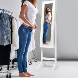 COSTWAY Jewelry Armoire with 18 LED Lights, Standing Jewelry Organizer with Full-length Mirror & Built-In Mirror, Large Storage Capacity Jewelry Cabinet for Bedroom, Dressing Room (White)