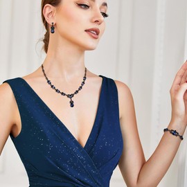 Crysdue Elegance Leaf Wedding Jewelry Set for Women Bridal Bridemaid, Austrian Crystal Teardrop Necklace Dangle Earrings for Prom Party Sapphire Black-Tone