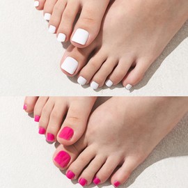 GLAMERMAID Press on Toenails,48 Pcs 2 Sets White and Hot Pink Toenails Press ons,Glossy Glue on Toenails for Women Girls,Reusable Acrylic Stick on Toenails for Spring Summer