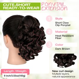 Fanguilar Ponytail Extension, 9" Short Claw Clip Ponytail Extension Curly Wavy Jaw Clip on Pony Tails Hair Extension Synthetic Hairpiece for Women, Dark Brown