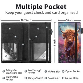 Server Books for Waitress Book,Leather Server Book with Zipper Pocket,Fit Waitress Apron,Guest Check Books for Servers Notepad Check Presenters for Restaurants 5" x 9",Cute Highland Cow