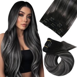 Moresoo Clip in Hair Extensions Real Human Hair Double Weft Human Hair Clip in Extensions Straight Ombre Balayage Black Mixed with Silver Grey 16inch 5pcs 80g