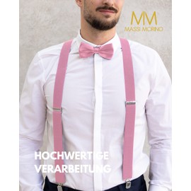 Massi Morino Braces with Bow Tie Set for Men and Women, Y-Shape Straps Elastic with Extra Strong Clips, 3.5 cm Wide, Adjustable Length, Pre-Tied Tie for Suit, pink