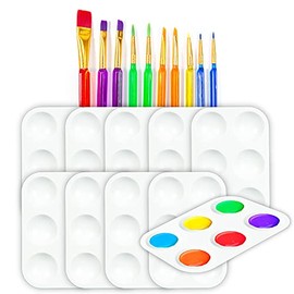 Horizon Group USA Paint Palettes and Brush Pack, 10 Rectangular Paint Trays with 6 Wells Each & 10 Assorted Paintbrushes with Long Triangle Handles, Great for Any Paint, Painting Supplies for Artists