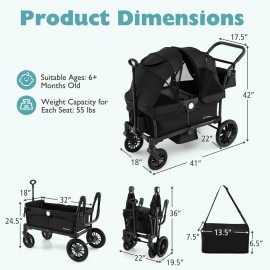 Babyjoy Wagon Stroller for 2 Kids Push Pull Double Stroller with Adjustable Handle
