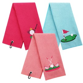 Moukeren 3 Pieces Elegant Golf Towel Embroidered Golf Towels for Golf Bags with Clip Golf Gift for Women Wife Girlfriend Golf Accessories for Women