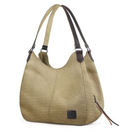 DOURR Women's Multi-pocket Shoulder Bag Fashion Cotton Canvas Handbag Tote Purse (Khaki - large size)